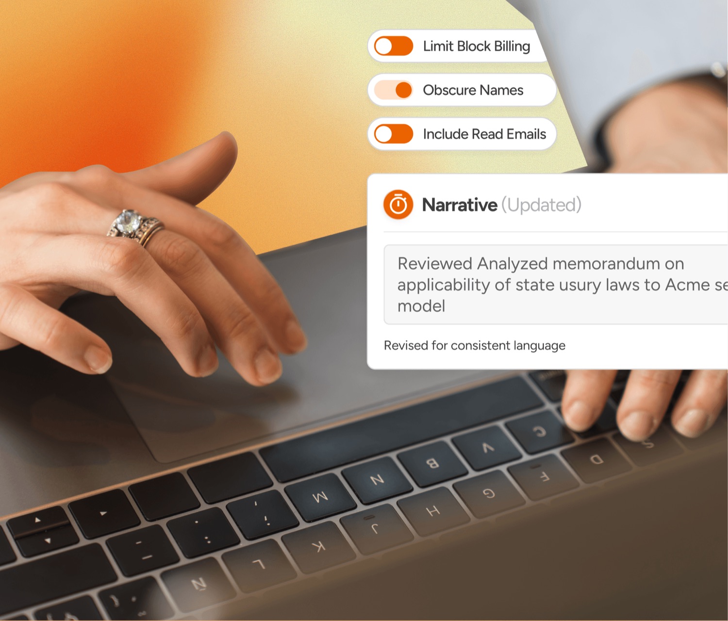 Narrative rewriting with toggles for block billing, obscured names and read emails.