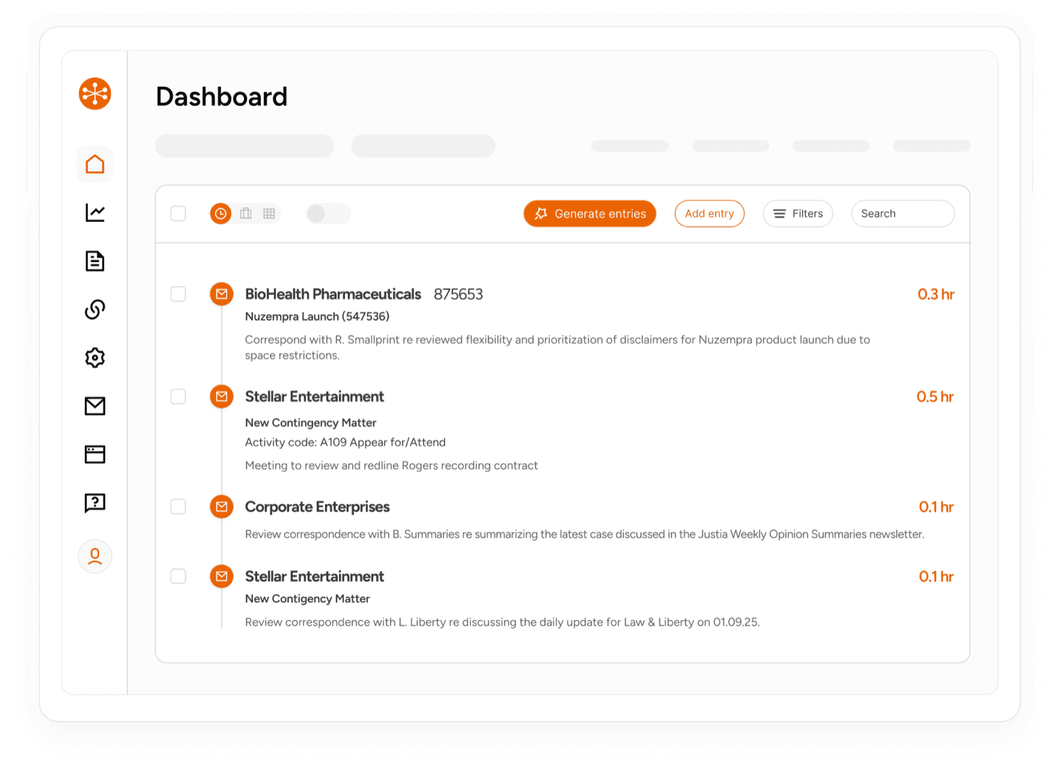 The Billables AI dashboard, listing generated time entries by client and matter.
